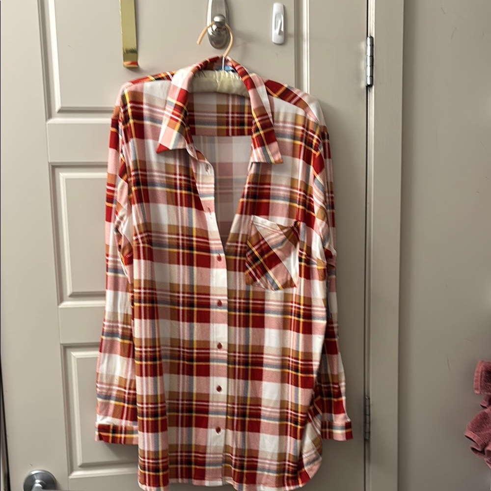 Plaid Button Down Shirt - Red and White
